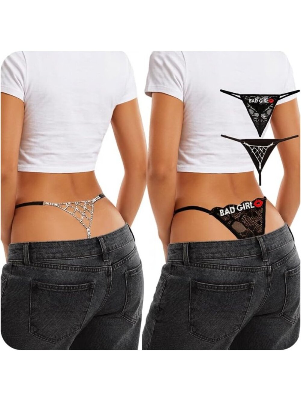 Women's Silver Crystal Flower & Angel Adjustable Sexy Underwear Panties
